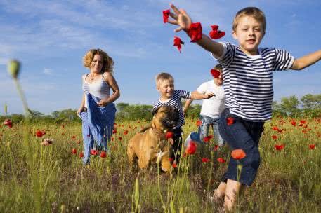 Ein Ausflug ins Grüne ist perfekt für den Familientag Familie läuft über eine Wiese