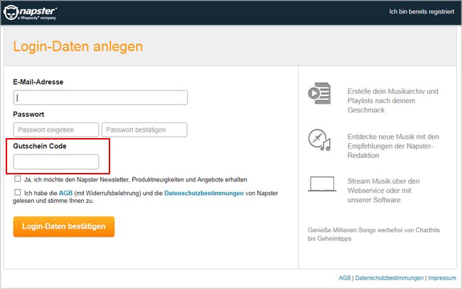 Löse deinen Napster-Gutschein ein und spare Geld Das Gutscheinfeld bei Napster